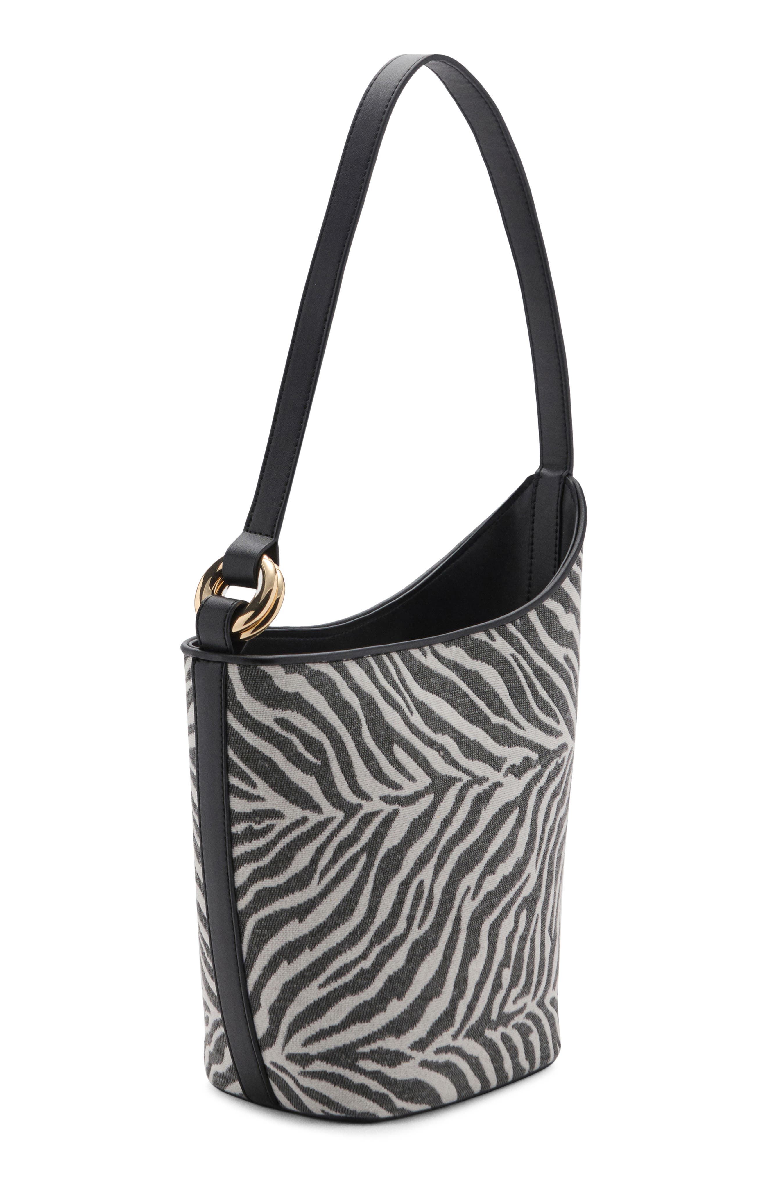 Zebra Print Canvas Bucket Bag, Alternate, color, BLACK