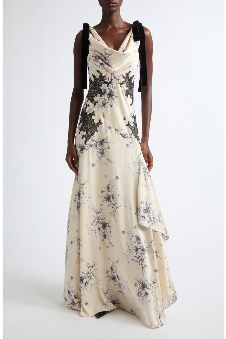 Handsketched Floral Lace Inset Gown, Main, color, GARDENIA/ BLACK