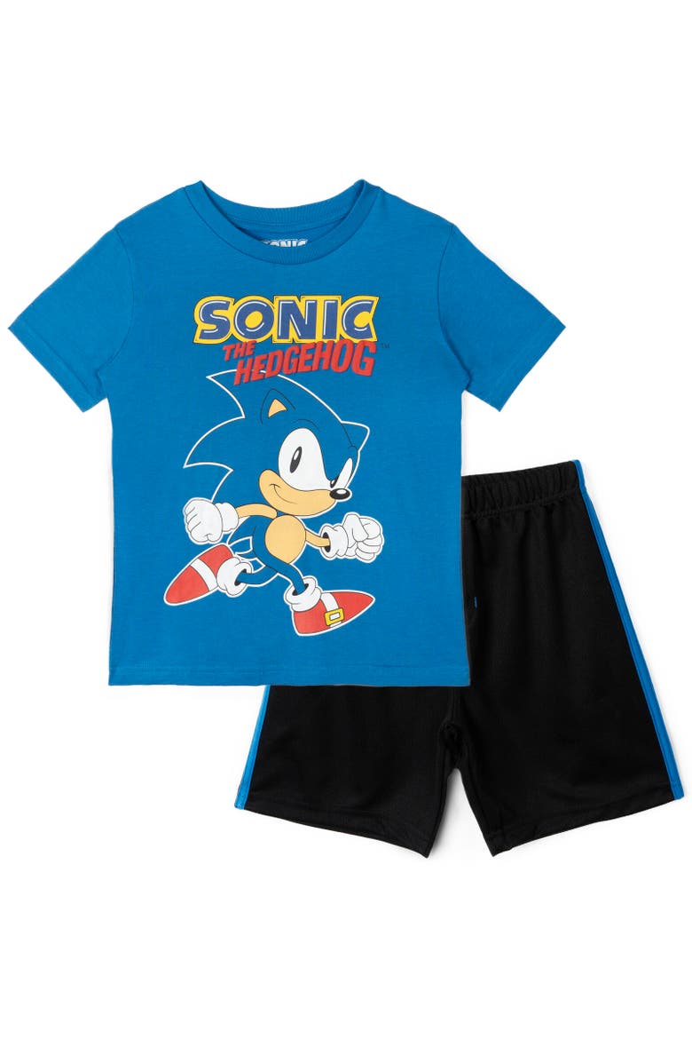 Puff Print Short Sleeve Graphic T-Shirt and Mesh Short Outfit, Main, color, Sonic Blue Black