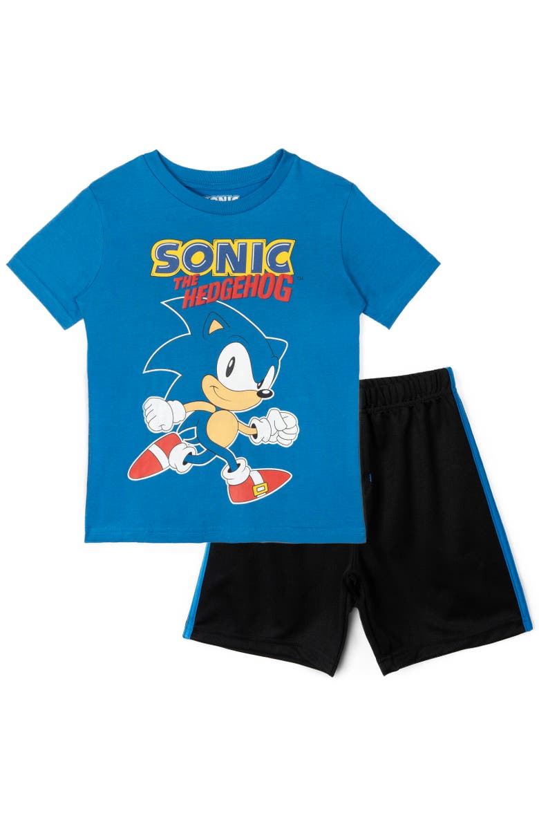 SEGA Puff Print Short Sleeve Graphic T-Shirt and Mesh Short Outfit, Main, color, Sonic Blue Black