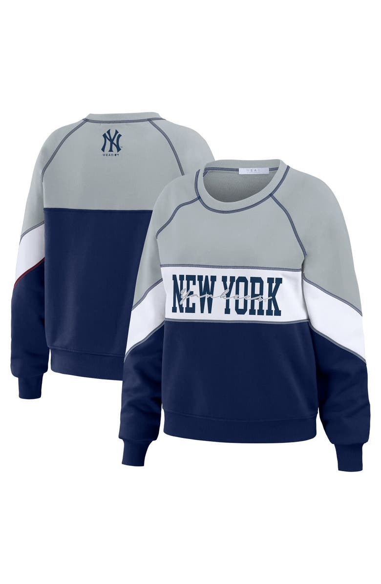 WEAR by Erin Andrews Women's WEAR by Erin Andrews Heather Gray/Navy New York Yankees Color Block Crew Neck Pullover Sweatshirt, Main, color, 