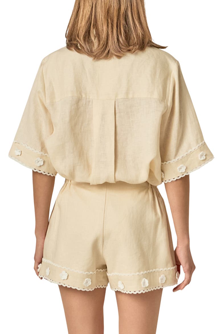Floral Detailed Short Sleeve Linen Shirt, Alternate, color, LIGHT BEIGE