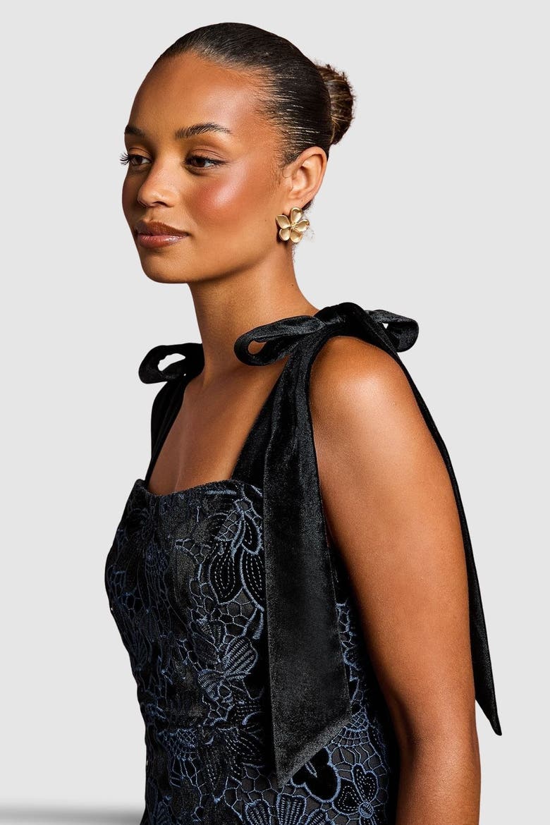Petite Velvet Lace Tie Shoulder Dress, Alternate, color, Black