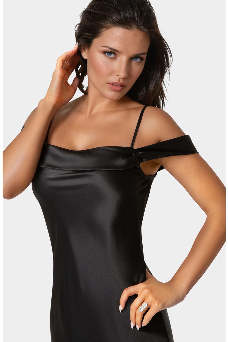 Drape Shoulder Satin Midi Dress, Alternate, color, BLACK