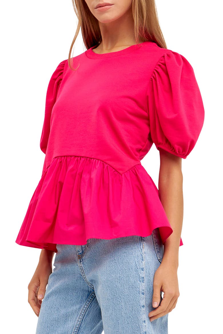 Mix Media Puff Sleeve Peplum Top, Alternate, color, FUCHSIA