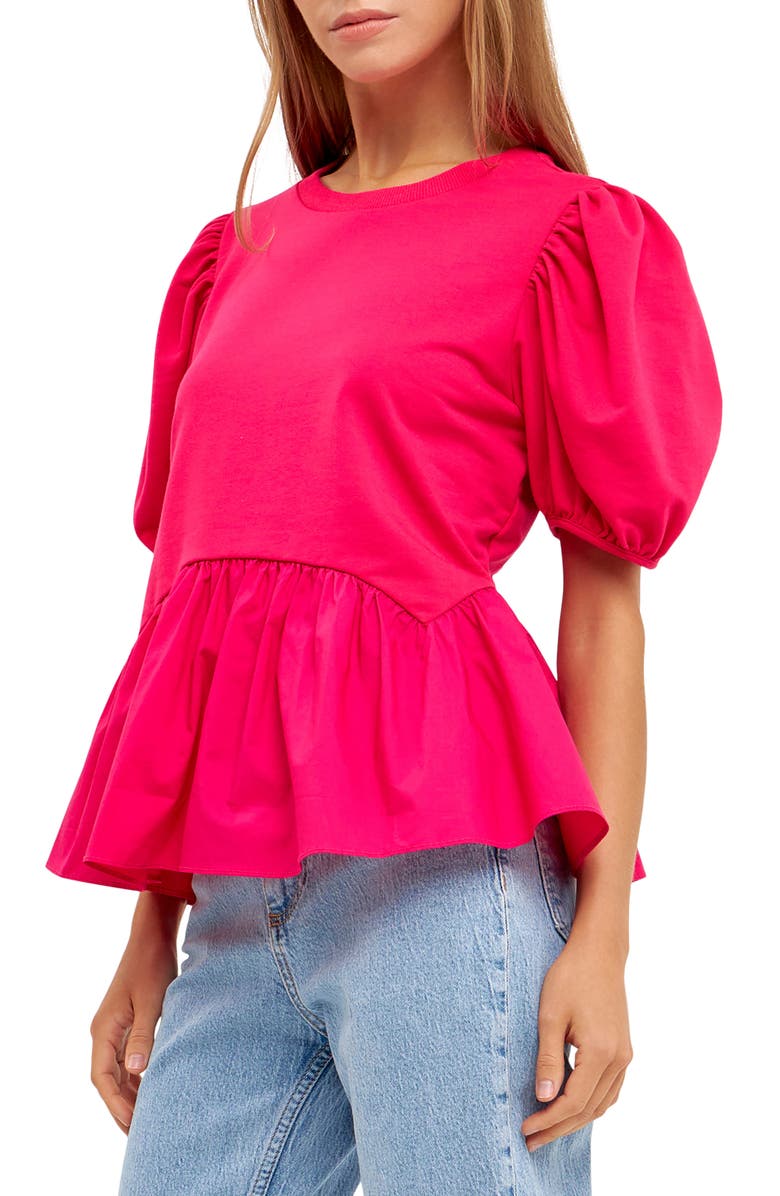 English Factory Mix Media Puff Sleeve Peplum Top, Alternate, color, Fuchsia
