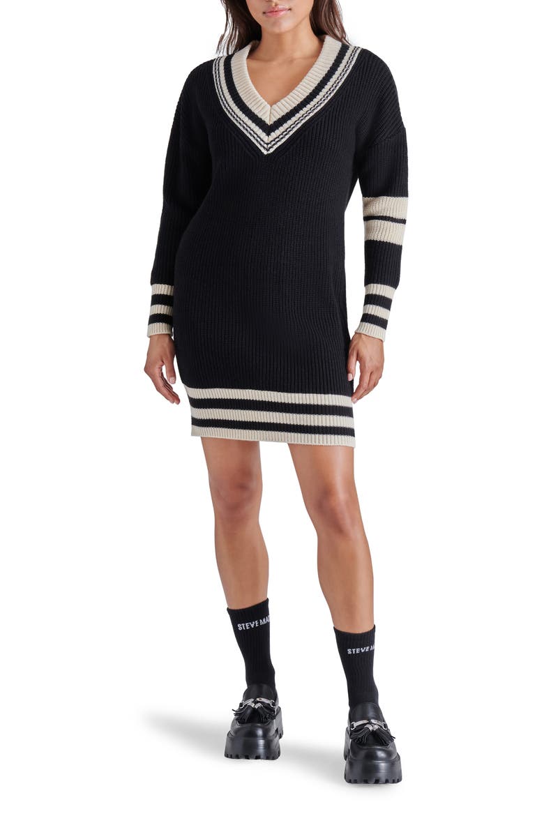 Colleen Stripe Trim Long Sleeve Sweater Minidress, Main, color, BLACK