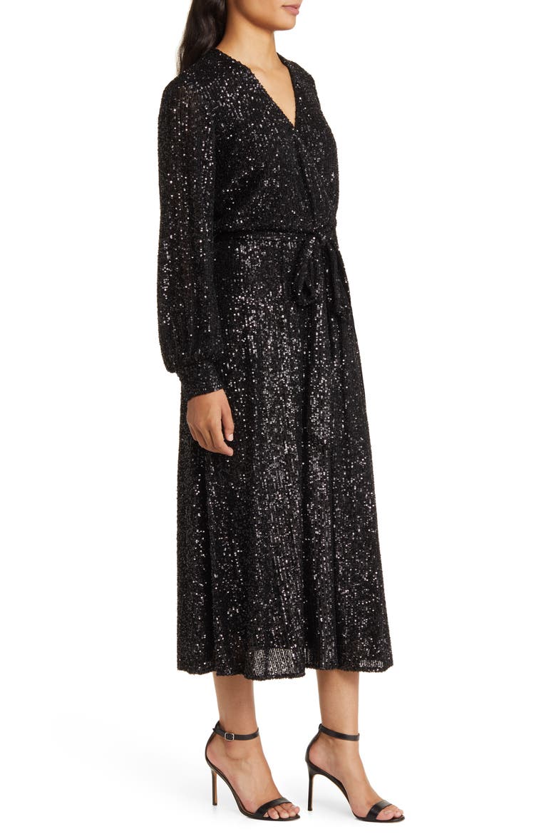 Sequin Long Sleeve Midi Dress, Alternate, color, ANNE BLACK