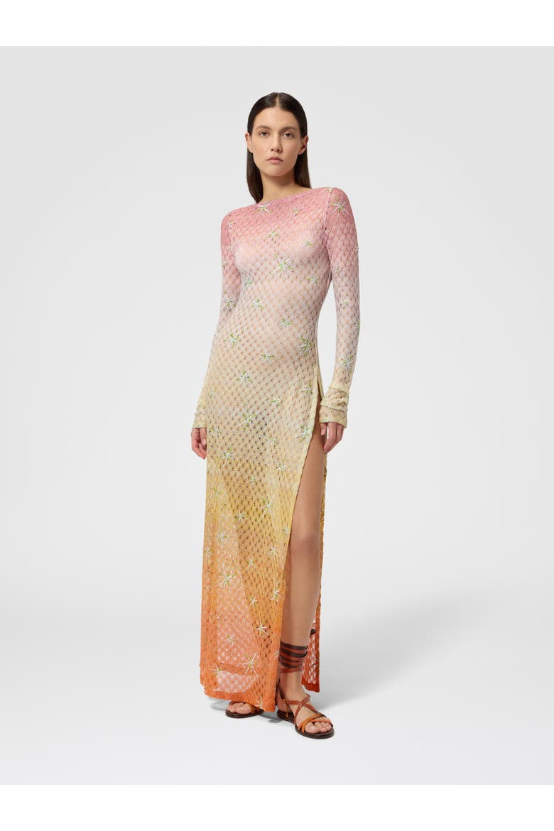 Long Cover-up Dress In Lamé Viscose With Dégradé Spiderweb Motif And Embroidery, Alternate, color, Multicoloured