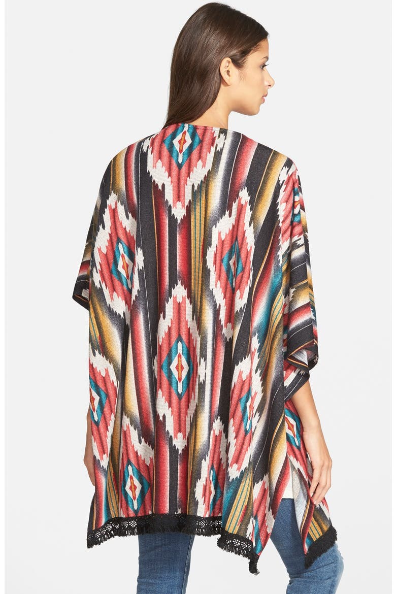 Print Fringe Trim Poncho, Alternate, color, RED/ BLACK AZTEC