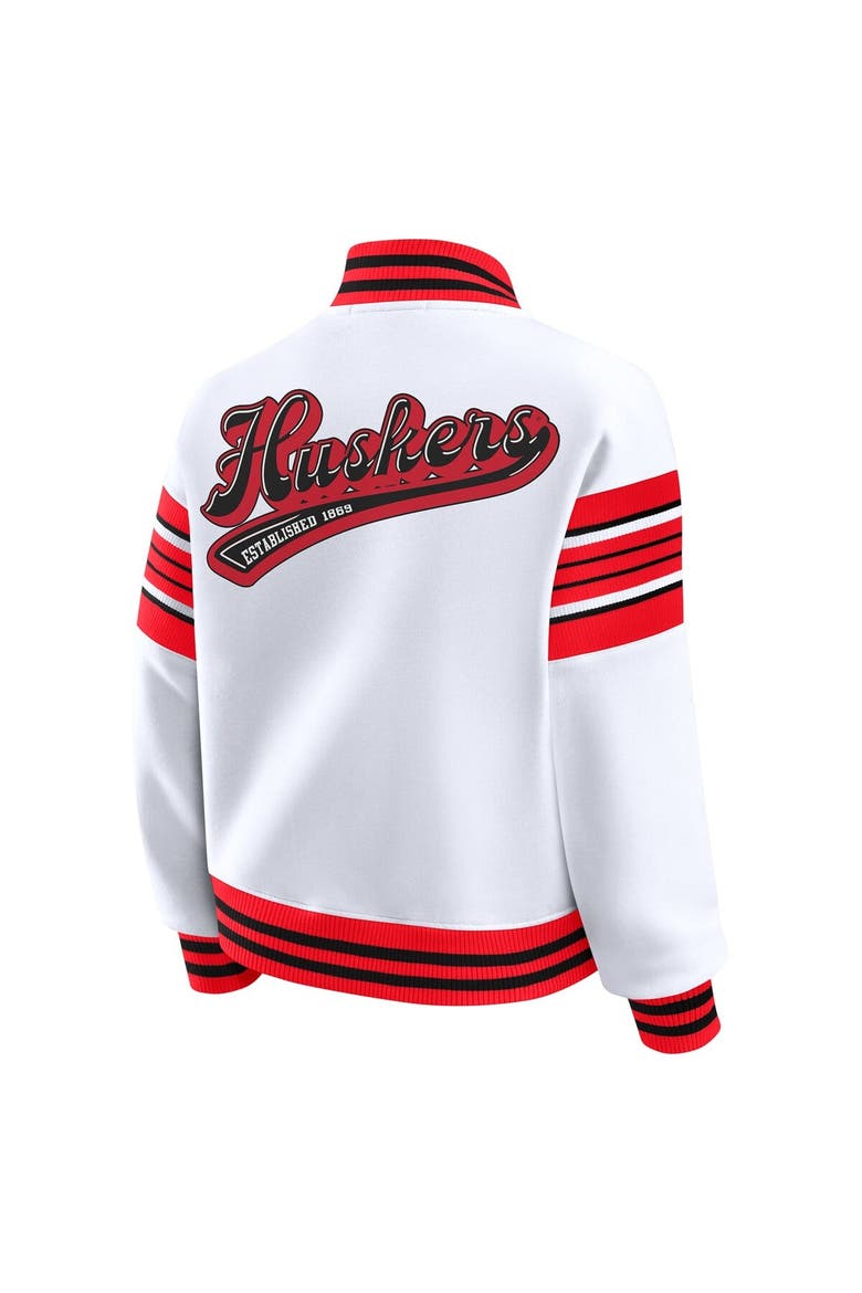 Women's WEAR by Erin Andrews White/Scarlet Nebraska Huskers Satin Stitch Full-Snap Fleece Sweatshirt Jacket, Alternate, color, White