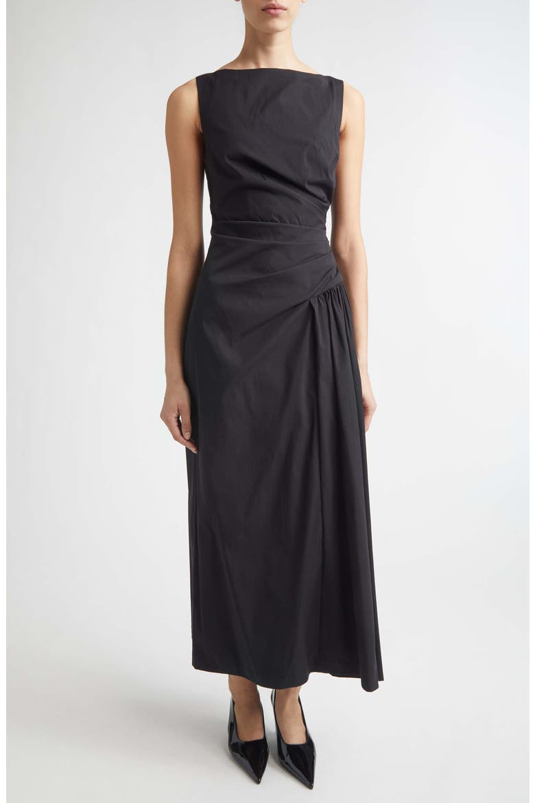 Ruched Cotton Blend Stretch Poplin Dress, Main, color, BLACK