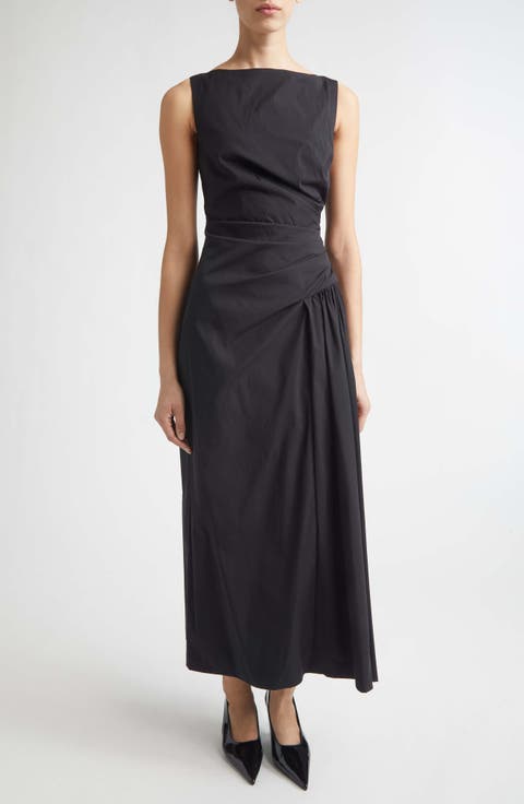 Ruched Cotton Blend Stretch Poplin Dress