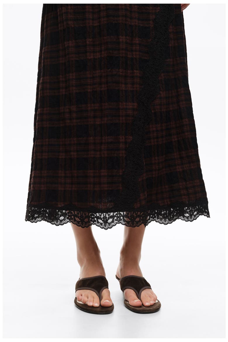 Checked Midi Dress with Lace Trim, Alternate, color, DARK BROWN