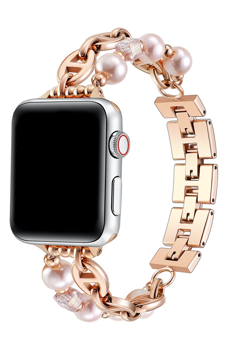 The Posh Tech Luna Imitation Pearl Apple Watch<sup>®</sup> Bracelet Watchband, Alternate, color, Rose Gold
