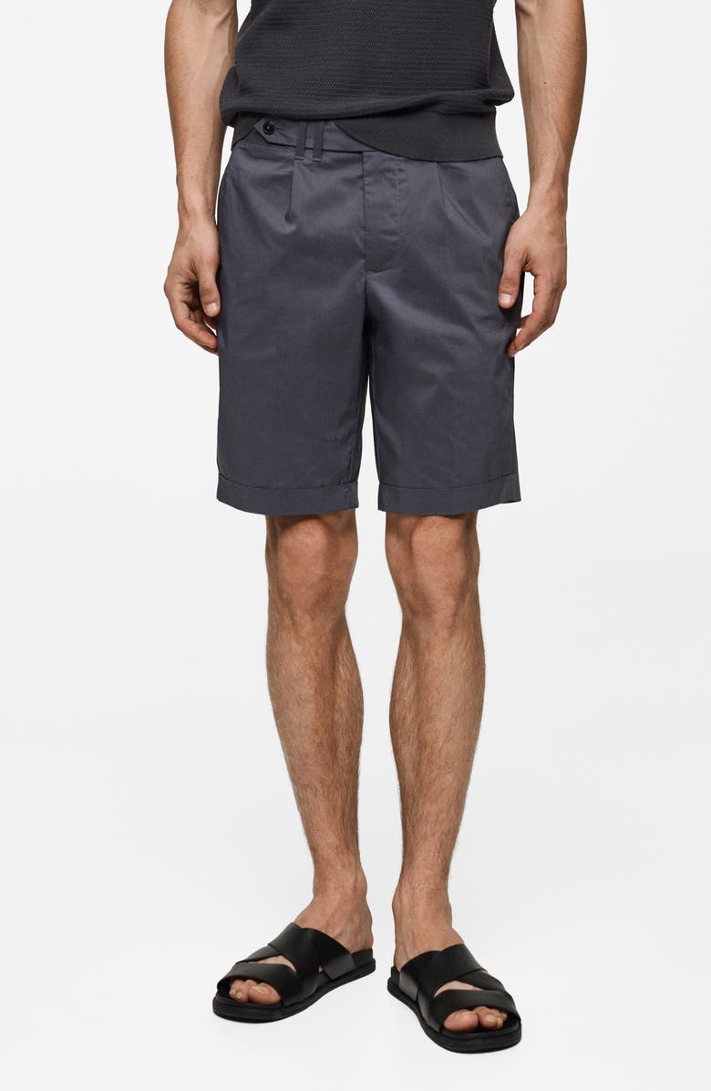 MANGO Pleated Cotton Blend Bermuda Shorts, Main, color, Dark Navy