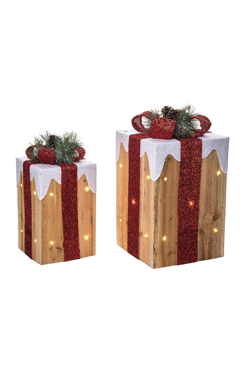 Transpac Multicolor Light Up Snow Covered Gift Decor Set of 2 Figurines, Main, color, Gold