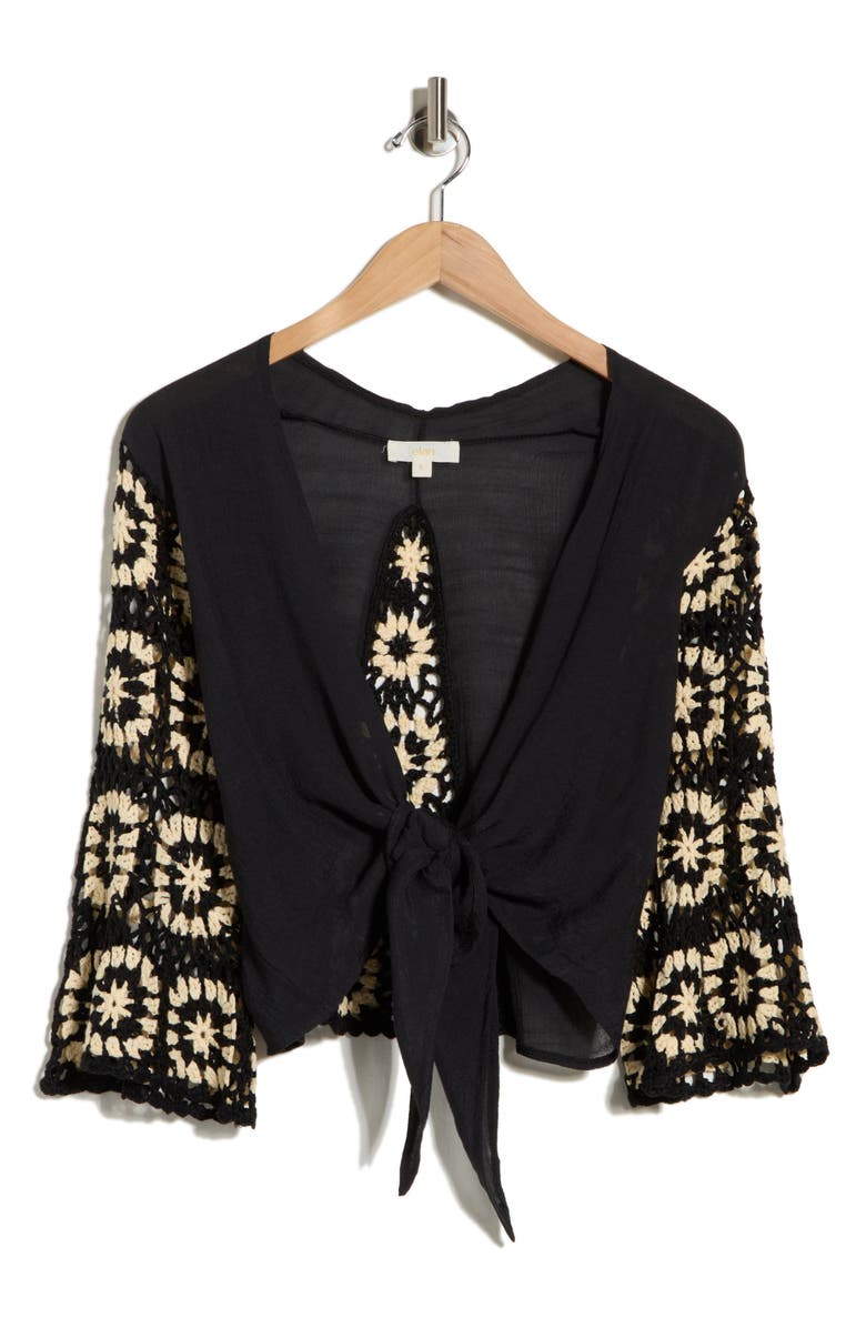 Elan Crochet Long Sleeve Tie Front Cover-Up Top, Alternate, color, Black/ White Combo