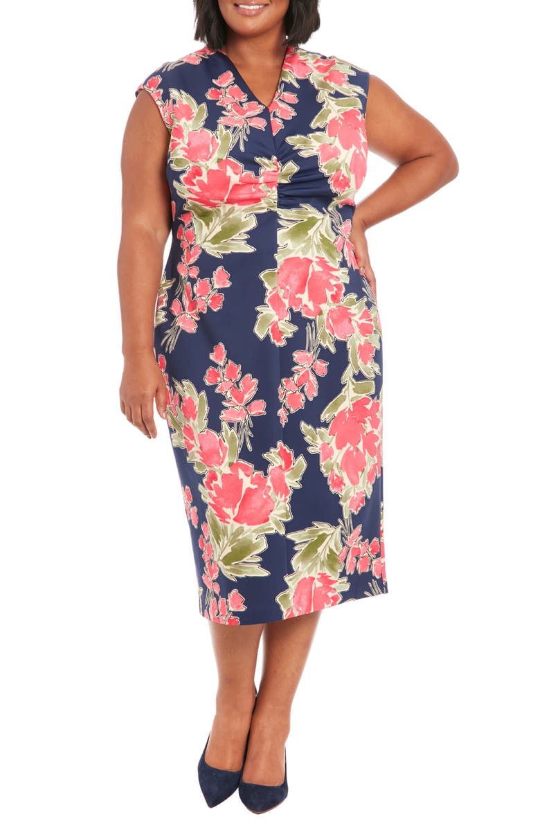London Times Cap Sleeve Floral Print Midi Dress, Main, color,