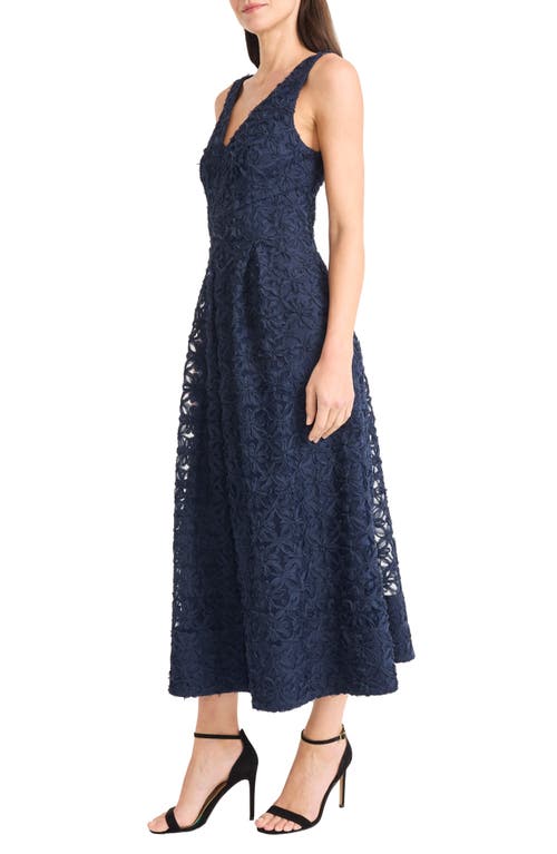 Maggy London Textured Floral Cocktail Midi Dress In Blue