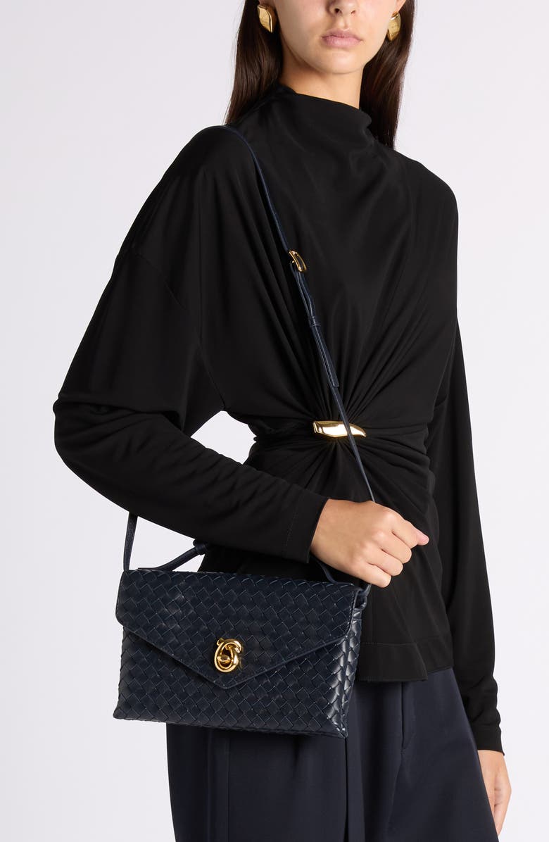 Bottega Veneta Knot Lock Intrecciato Leather Shoulder Bag, Alternate, color, 4338 Midnight-Muse Brass