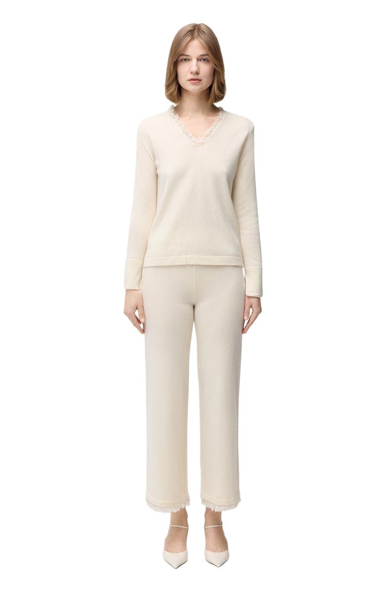 GOBI Mongolian Cashmere Fringed V-Neck Cashmere Sweater, Main, color, Off White