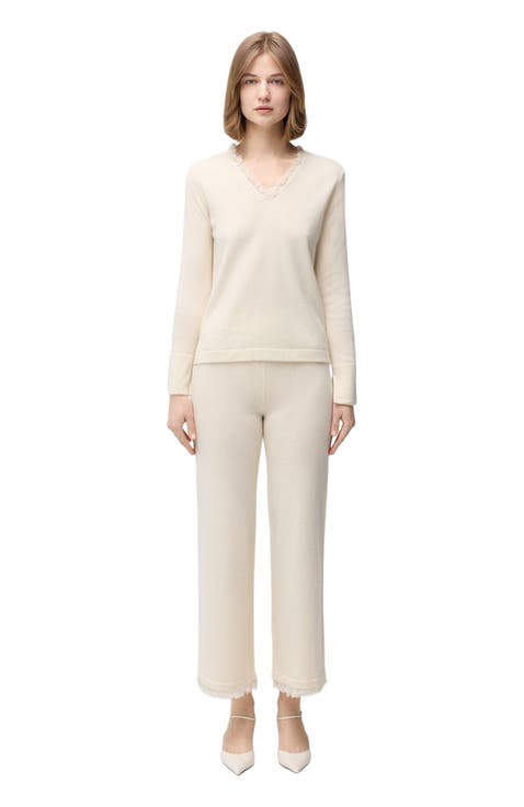 Fringed V-Neck Cashmere Sweater