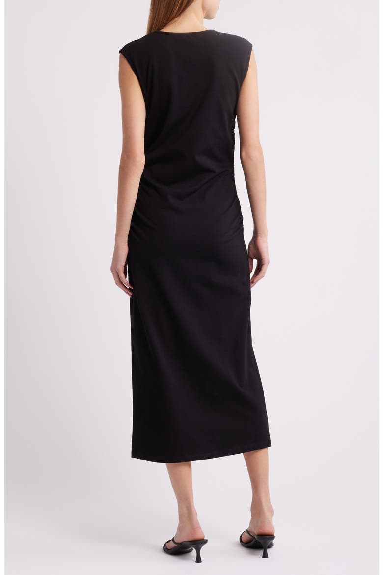 Ruched Sleeveless Stretch Cotton Midi Dress, Alternate, color, BLACK