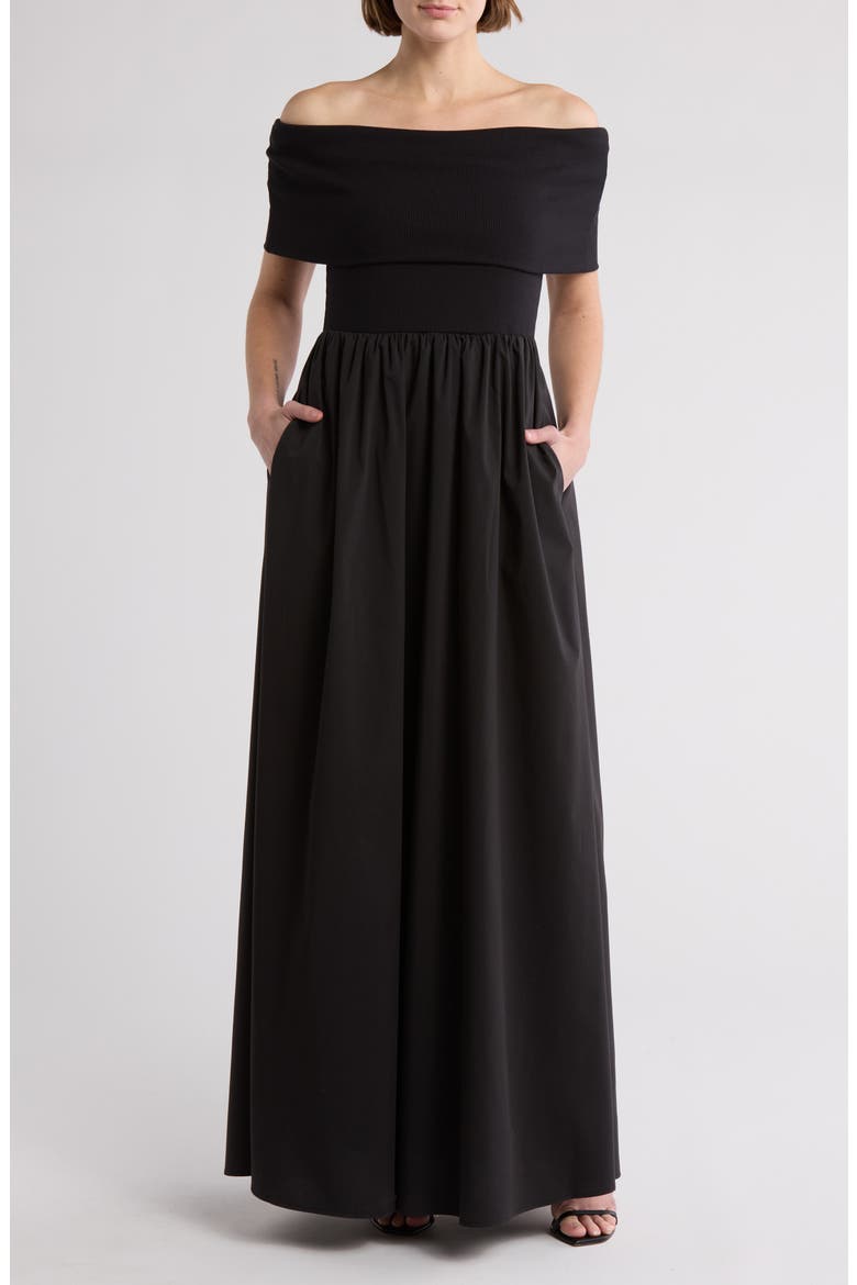 Monet Off-the-Shoulder Mixed Media Maxi Dress, Main, color, BLACK