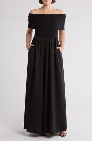 By Design Monet Off-the-shoulder Mixed Media Maxi Dress In Black