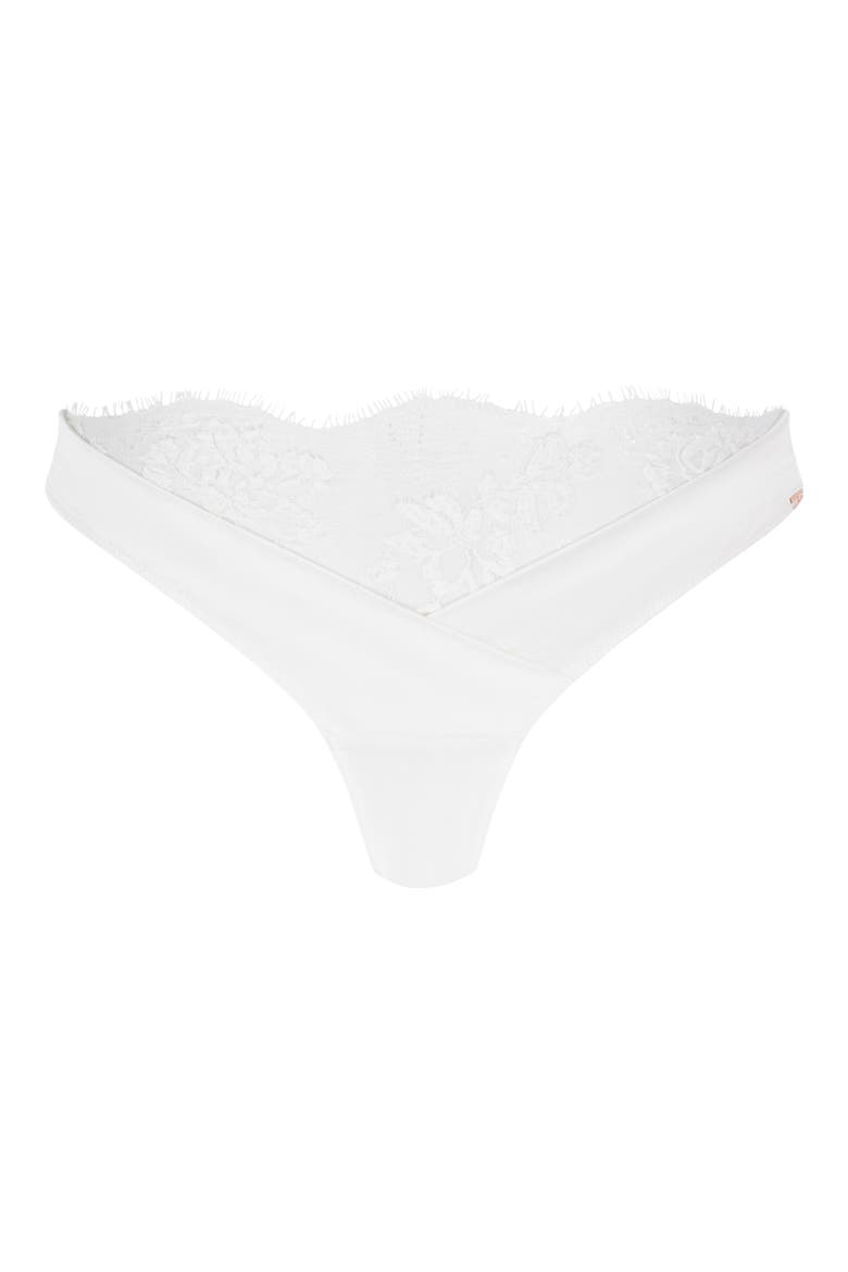 Tiah Eyelash Lace Trim Cross Front Thong, Alternate, color, SNOW WHITE