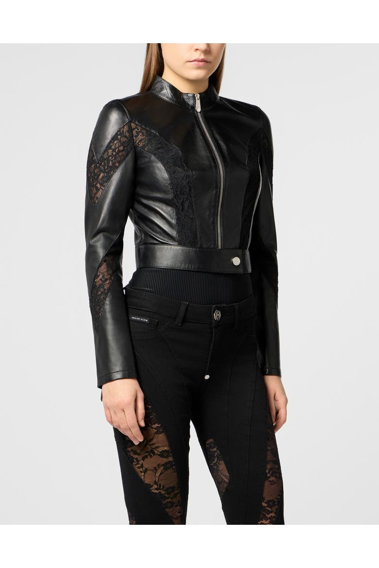 Fitted Biker Jacket With Lace Inserts Women, Main, color, black