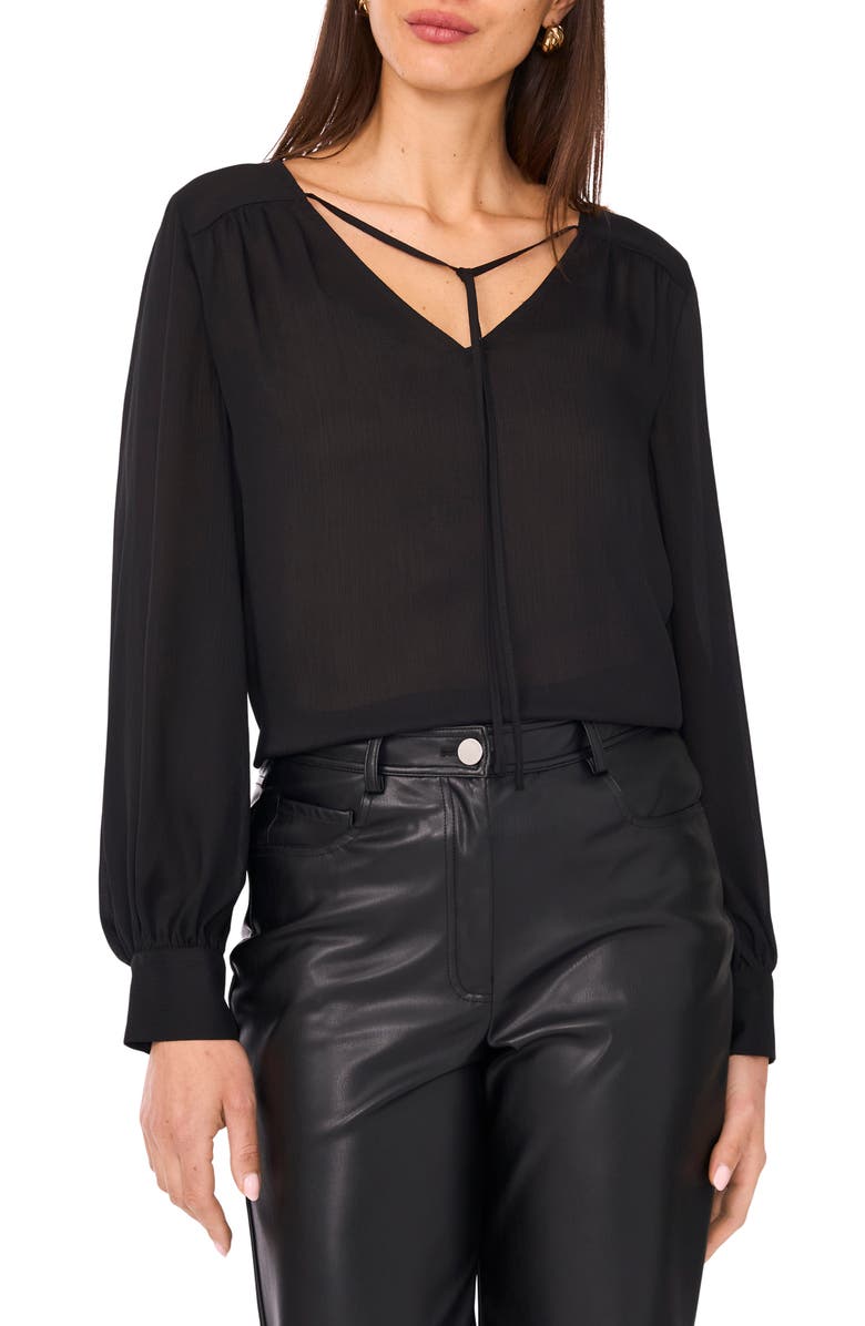 Vince Camuto Split Neck Satin Top, Main, color, Rich Black