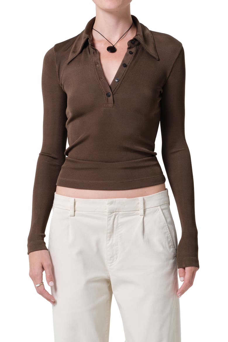 Shaea Long Sleeve Rib Polo, Main, color, COCOA MEDIUM BROWN