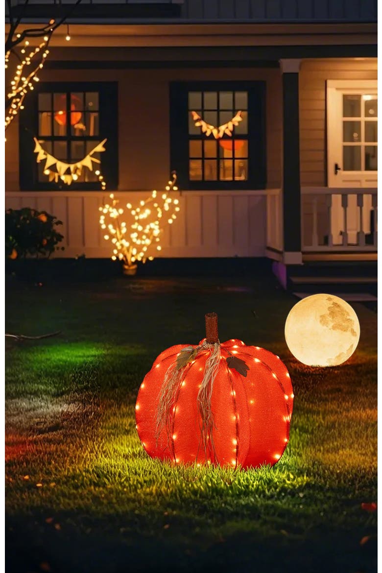 25"H Fall Lighted Foldable Pumpkin Outdoor Decor with Timer, Alternate, color, Orange
