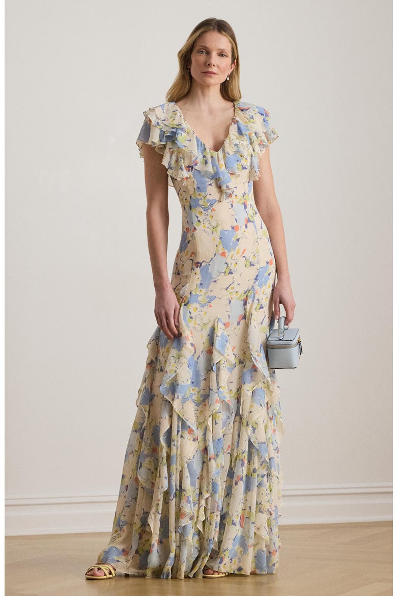 Floral Ruffle Gown, Alternate, color, BLUE/ MULTI