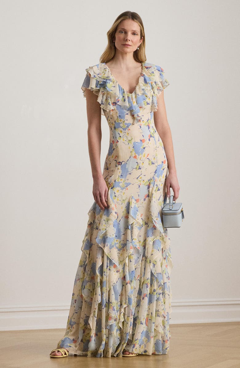 Lauren Ralph Lauren Floral Ruffle Gown, Alternate, color, Blue/ Multi