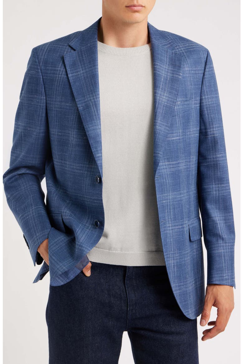 Hyperlight Soft Blue Plaid Slub Wool & Silk Blend Sport Coat, Main, color, BLUE