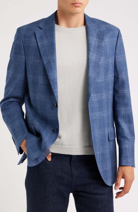 Hyperlight Soft Blue Plaid Slub Wool & Silk Blend Sport Coat (Regular & Big)