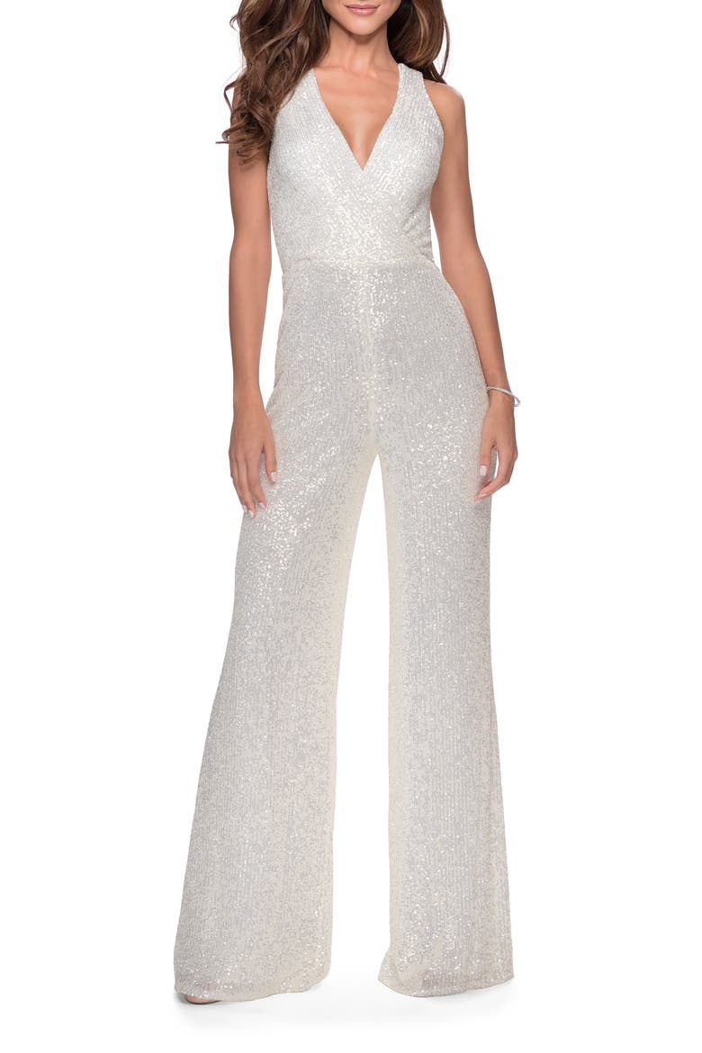 Long Sequin Jumpsuit with Criss Cross Back, Main, color, WHITE