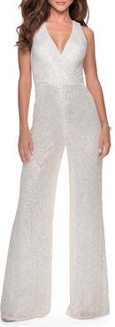 La Femme Long Sequin Jumpsuit with Criss Cross Back