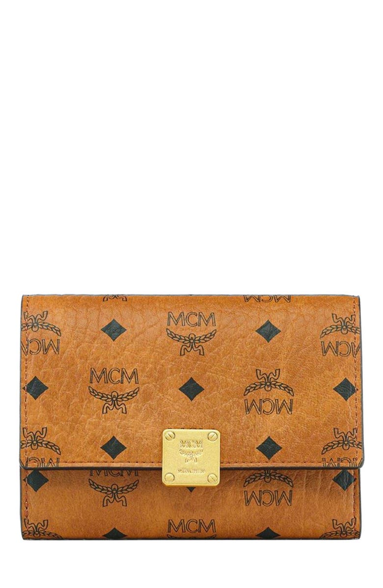 MCM Aren Trifold Wallet in Visetos, Main, color, Cognac