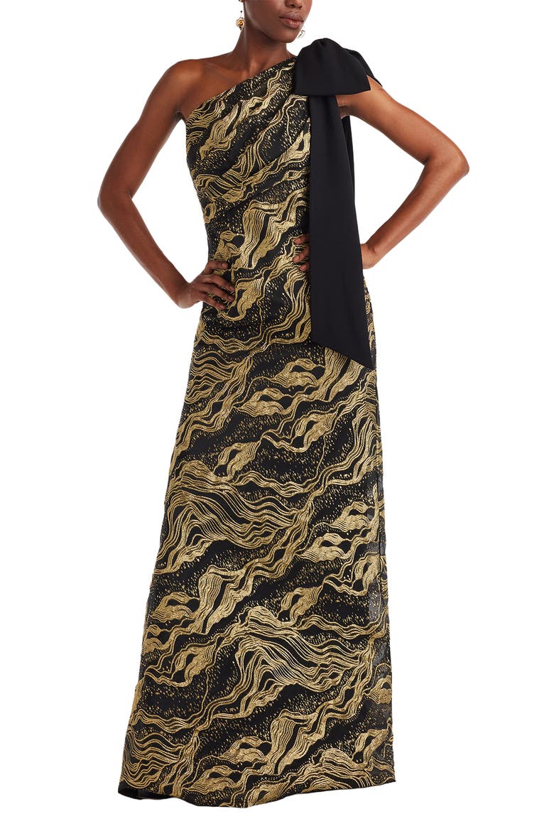 Metallic Jacquard One-Shoulder Gown, Main, color, GOLD/BLACK
