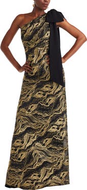 Tadashi Shoji Metallic Jacquard One-Shoulder Gown