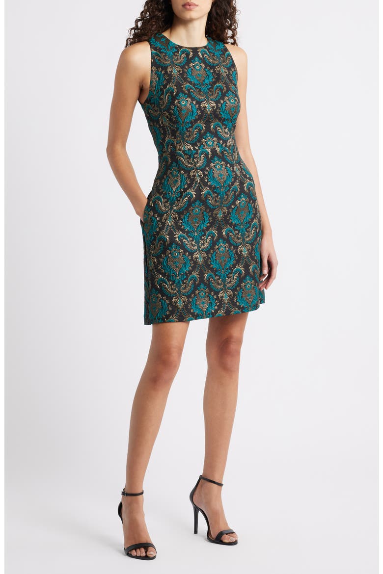 Sleeveless Metallic Jacquard Minidress, Main, color, BLACK/ EMERALD
