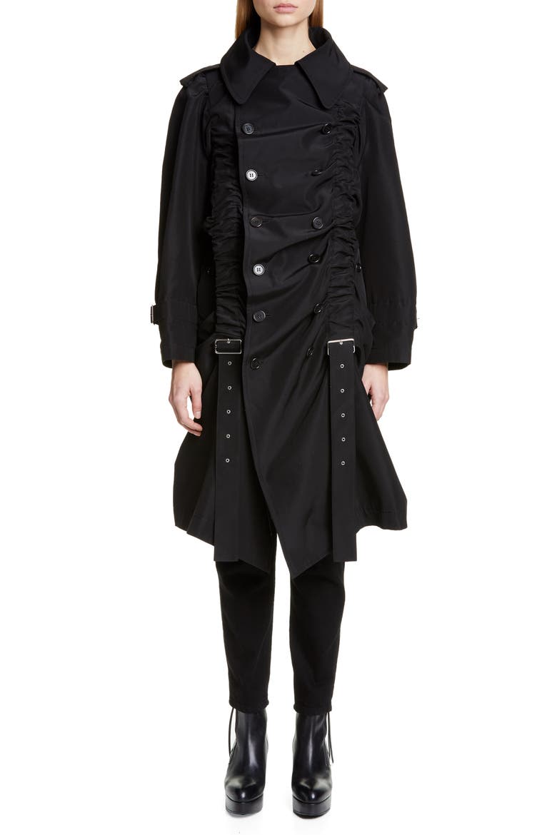 Belt Ruched Double Breasted Cotton & Silk Coat, Main, color, BLACK