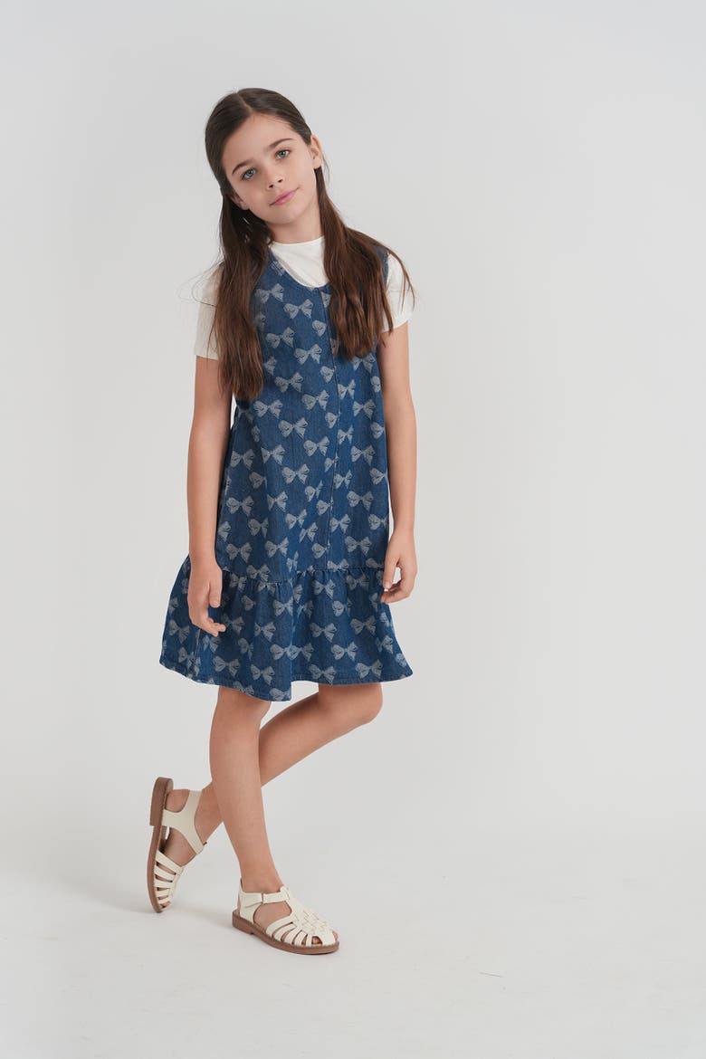 Girls Bow Print Denim Jumper, Main, color, Dark Denim