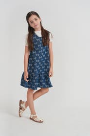 Puddles Girls Bow Print Denim Jumper
