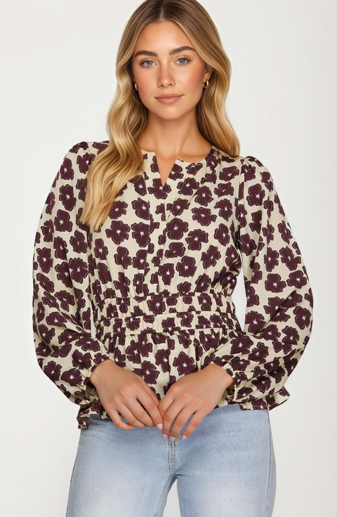 Floral Print Smocked Waist Blouse