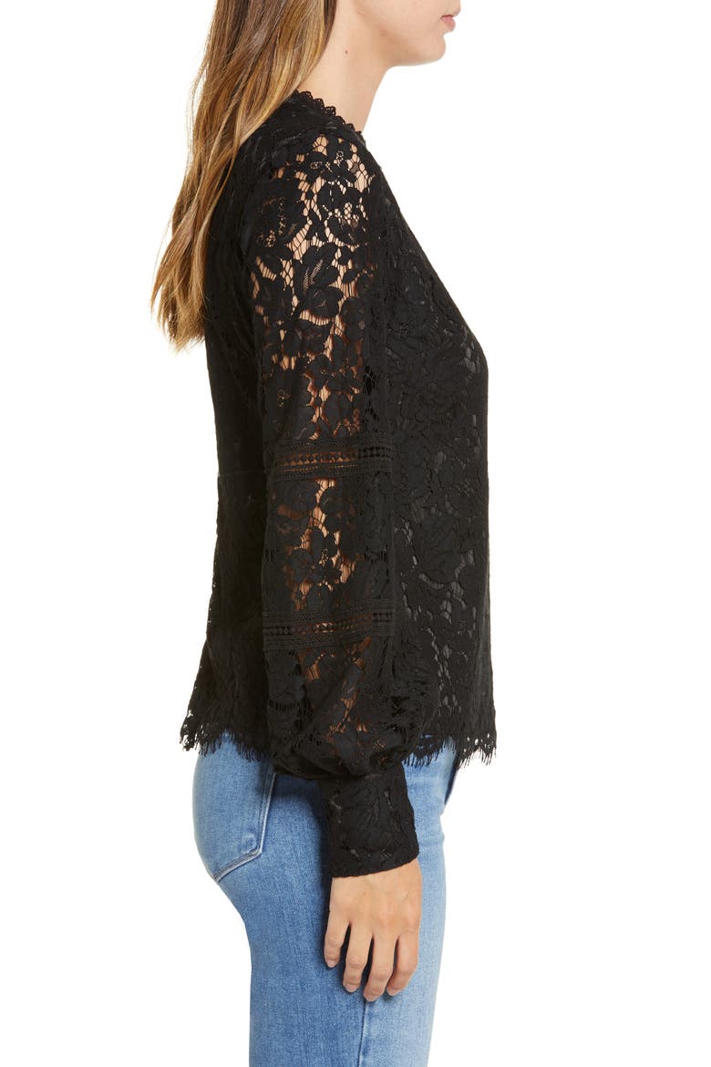 Bishop Sleeve Scalloped Lace Top, Alternate, color, BLACK